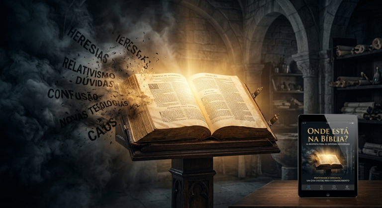 Bíblia aberta e iluminada dissipando símbolos abstratos de heresias modernas, com um ebook em um tablet