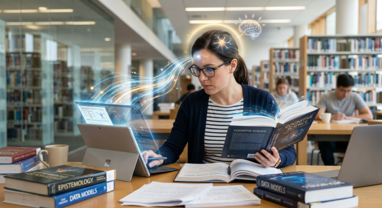 Pessoa estudando com livros e tablet, com representação visual de leitura rápida e compreensão, ideal para futuros professores.