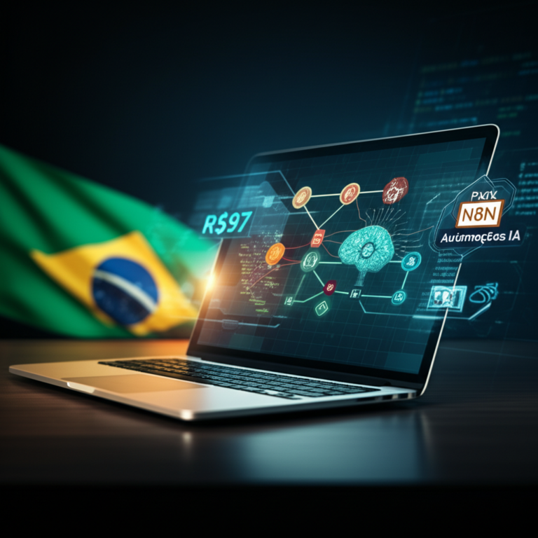 Tela de laptop mostrando diagramas de workflow do n8n com ícones de IA e cores da bandeira brasileira, representando o Pack N8N Automações IA.