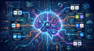Ilustração digital de um cérebro de inteligência artificial central, irradiando linhas e nós de workflow no estilo n8n, conectando ícones de aplicativos digitais. Representa automação IA e eficiência do Pack N8N Automações IA.