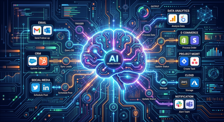 Ilustração digital de um cérebro de inteligência artificial central, irradiando linhas e nós de workflow no estilo n8n, conectando ícones de aplicativos digitais. Representa automação IA e eficiência do Pack N8N Automações IA.