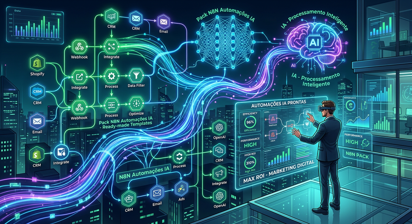 Ilustração de workflows n8n com nós luminosos, fluxos de dados e elementos de inteligência artificial, observados por um profissional de automação.