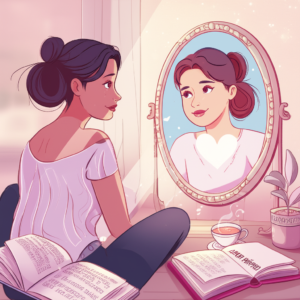 Ilustração de Pamela Magalhães refletindo amor próprio diante de um espelho com coração brilhante.