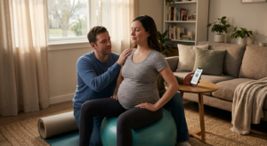 Mulher grávida e parceiro praticando exercícios de parto com bola suíça em ambiente doméstico, com luz suave, simbolizando apoio contínuo e preparação para um parto humanizado.