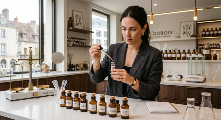 Perfumista avançada Isadora Maria Spinhardi Padula criando fragrância exclusiva com olfatório em laboratório de scent design.