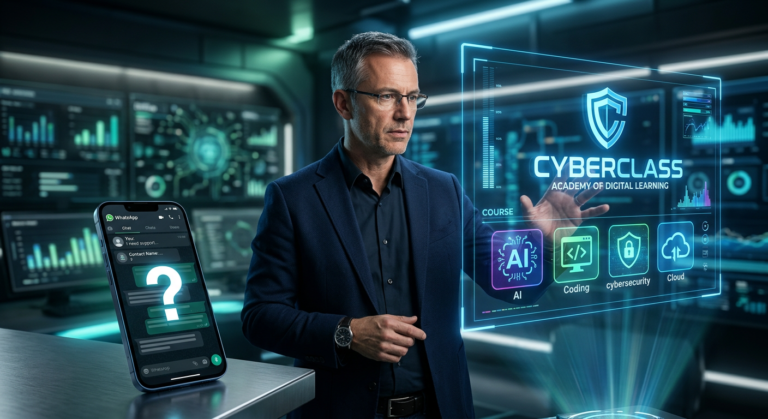 Peter Jordan analisando o suporte via WhatsApp do CyberClass, com celular mostrando chat e tela holográfica do curso.