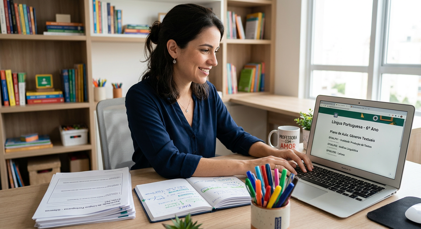 Professor(a) utilizando um notebook para organizar planejamentos e atividades de Língua Portuguesa para o Ensino Fundamental II (6º ao 9º ano), com foco na BNCC.