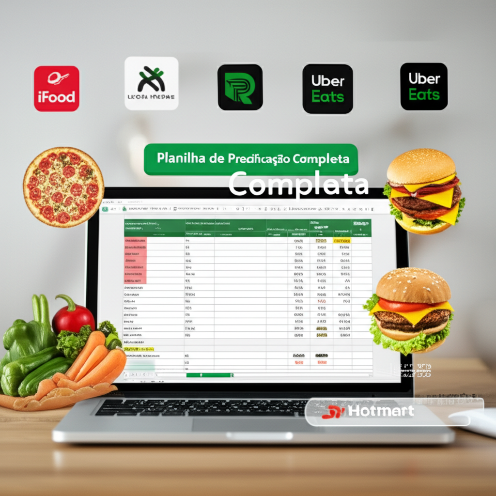 Planilha de precificação para delivery exibindo custos, taxas de apps e markup automático, com ícones de delivery e alimentos ao redor.