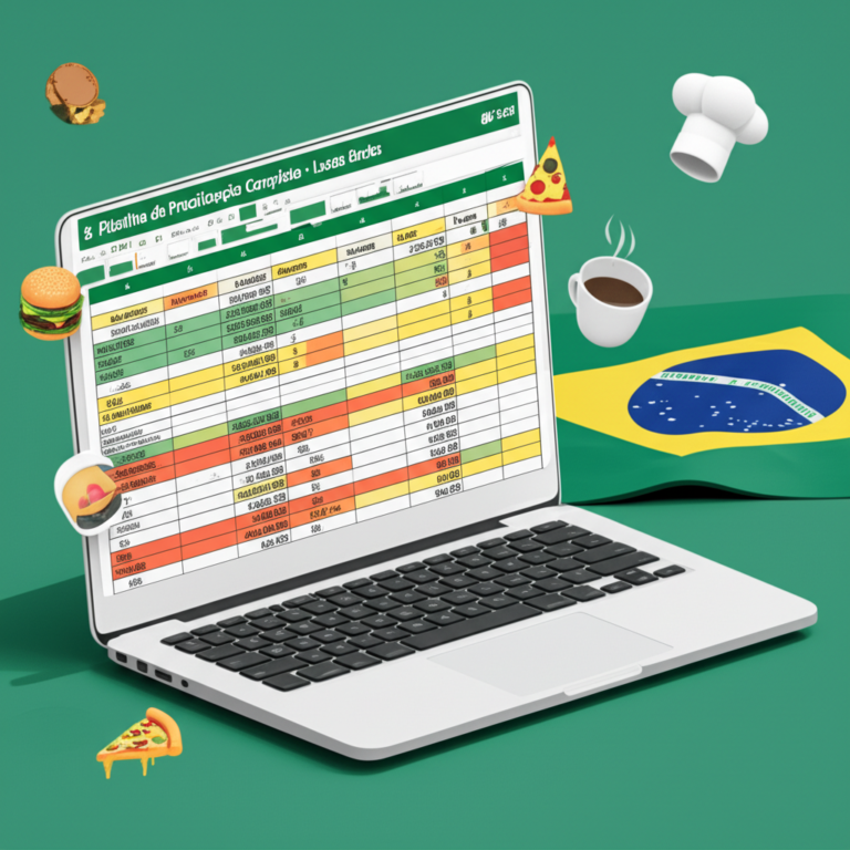 Planilha de precificação de delivery de Lucas Borbs aberta em um laptop, com ícones de aplicativos de entrega e alimentos ao redor.