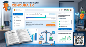 Interface da Plataforma do Cenoura 2.0 com elementos de Direito Penal, um gráfico de progresso de 'Zero ao Avançado' e um ícone de cenoura estilizado, focada em estudos para concursos FGV.