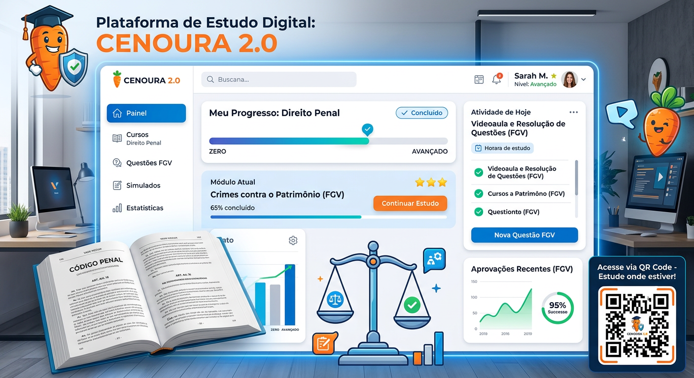 Interface da Plataforma do Cenoura 2.0 com elementos de Direito Penal, um gráfico de progresso de 'Zero ao Avançado' e um ícone de cenoura estilizado, focada em estudos para concursos FGV.