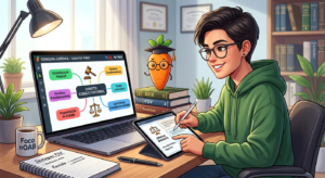 Estudante utilizando a Plataforma do Cenoura 2.0 com flashcards e mapas mentais para preparação de Direito Penal FGV.