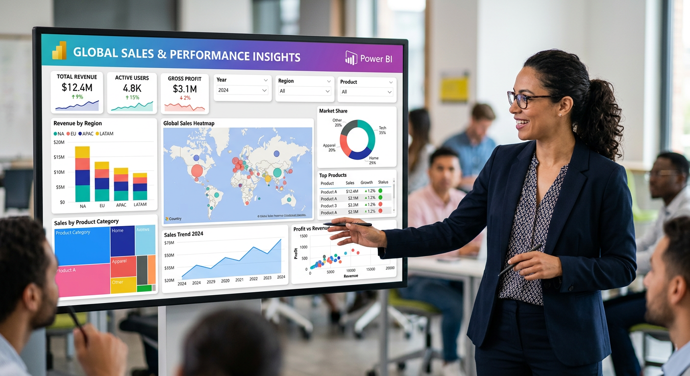 Dashboard Power BI criativo com gráficos interativos e coloridos, focado em visualização de dados e design inovador para relatórios gerenciais.