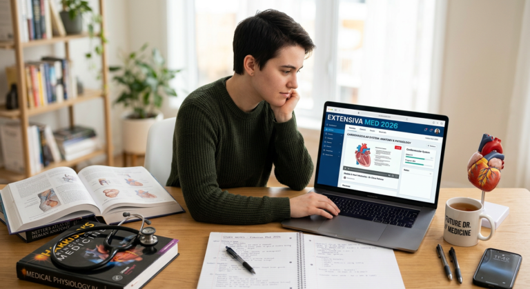 Estudante focado em tela de laptop com plataforma Extensiva MED 2026, cercado por livros de medicina e um estetoscópio.
