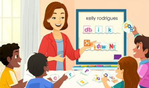 Professora sorridente ensinando um grupo de crianças a ler e escrever utilizando blocos de letras e flashcards coloridos em uma sala de aula alegre.