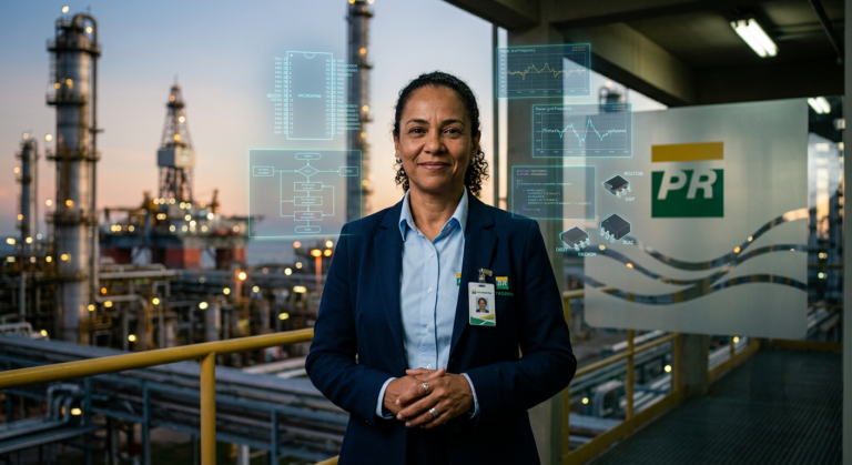 Engenheiro sênior confiante com fundo da Petrobras e elementos de circuitos elétricos, simbolizando sucesso e aprovação no concurso.