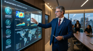 Dr. Augusto Mendes, mentor jurídico, em frente a tela digital com gráficos de grandes operações e símbolos de proteção de conteúdo em plataforma Hotmart.