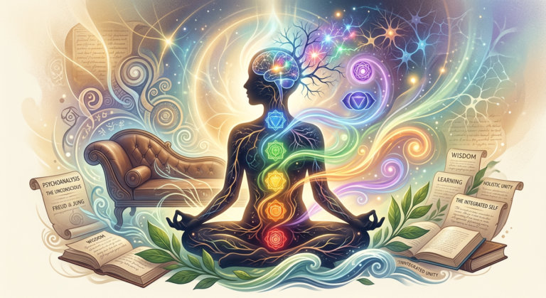 Ilustração conceitual da psicanálise holística, integrando mente, corpo e espírito em uma formação clínica.