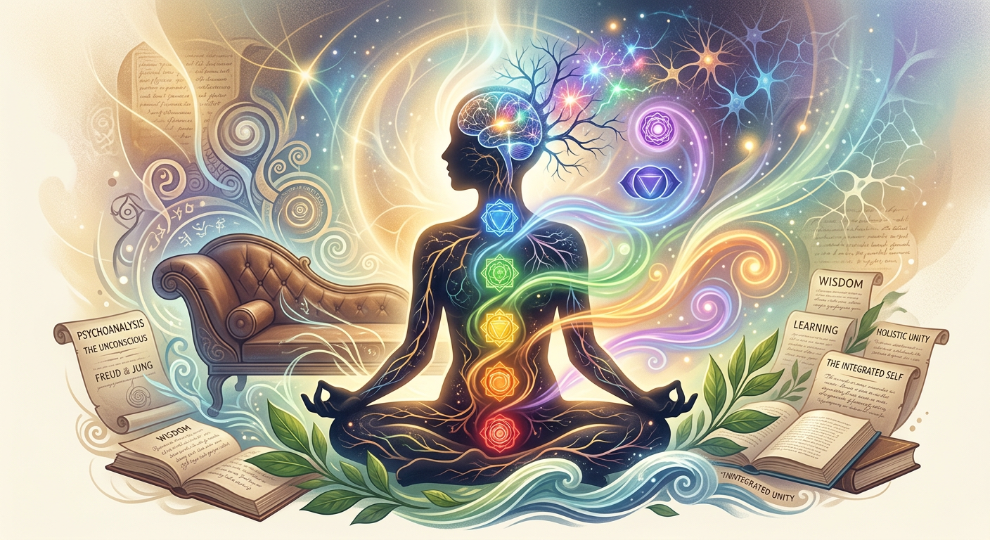 Ilustração conceitual da psicanálise holística, integrando mente, corpo e espírito em uma formação clínica.