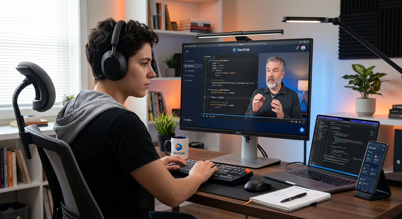 Jovem desenvolvedor Full Stack com fones de ouvido de alta qualidade estudando programação online, com vídeo nítido e código claro no monitor, representando a imersão no DevClub.