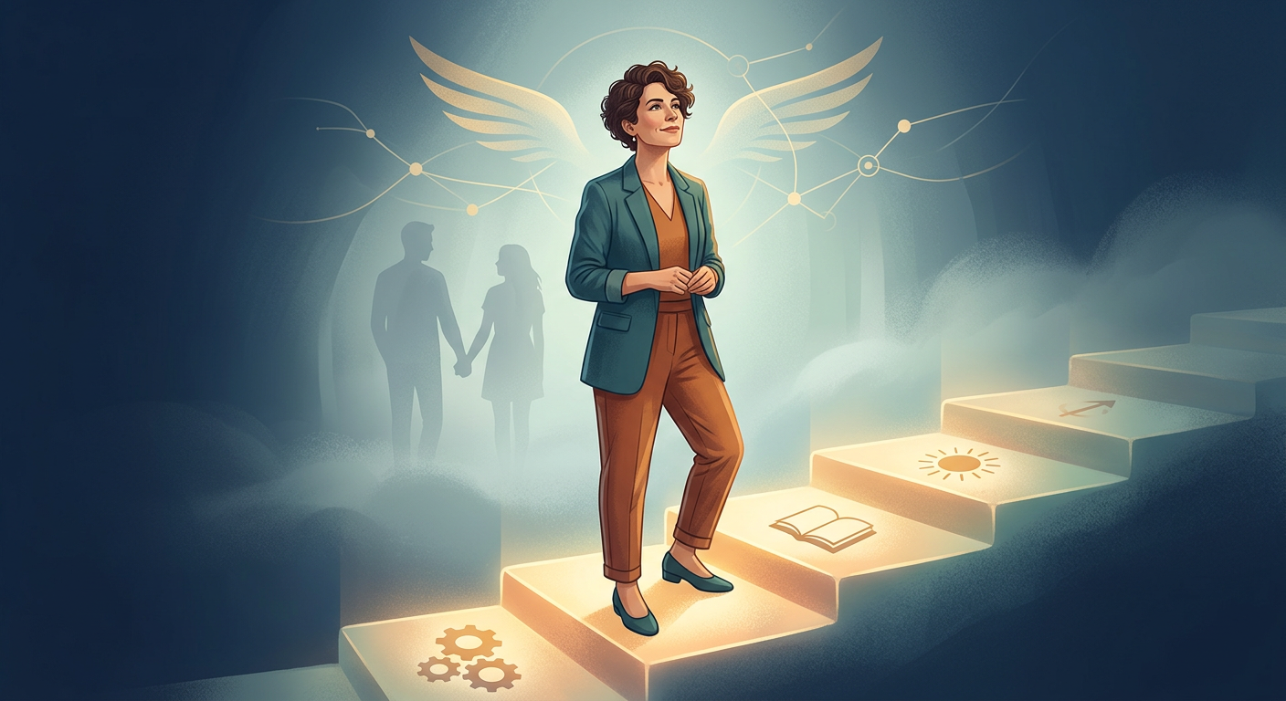 Pessoa em uma jornada de autodescoberta e reconquista, com um caminho dividido em módulos e símbolos de arautos, representando paciência e estratégia.