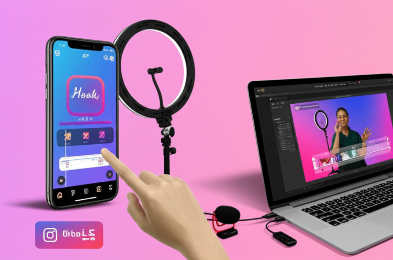 Ilustração de um smartphone editando Reels, rodeado por ring light, microfone de lapela e tela de CapCut Pro, representando o curso Reels Pro.