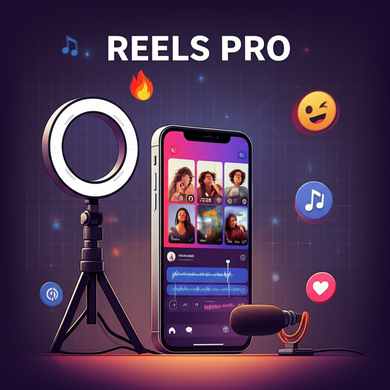 Ilustração de um smartphone exibindo a interface de Reels do Instagram, com ferramentas de edição, ring light e microfone, representando o curso Reels Pro.