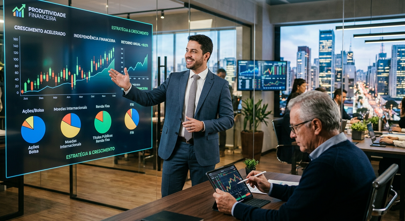 Renan Diego explicando sobre independência financeira em um ambiente moderno, com gráficos de crescimento e um investidor sênior analisando dados.