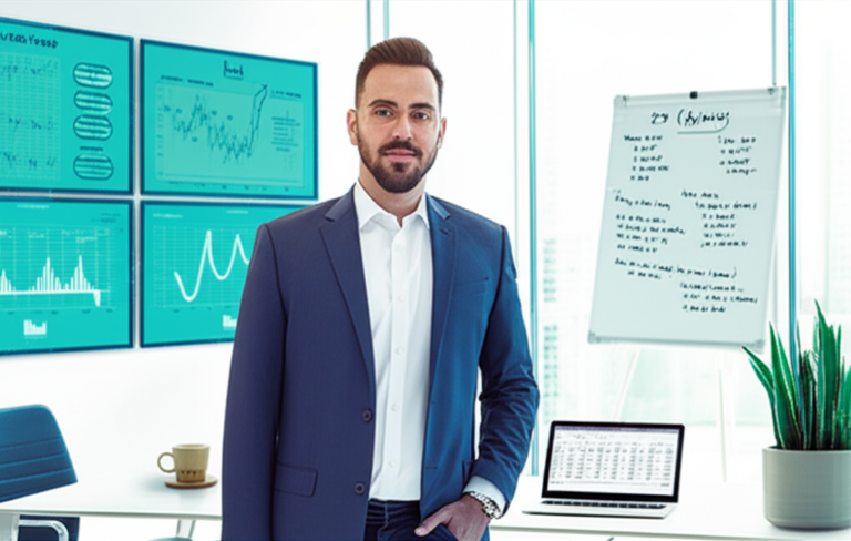 Renan Diego in a modern office surrounded by financial charts, graphs, and a laptop, illustrating financial productivity and organization.