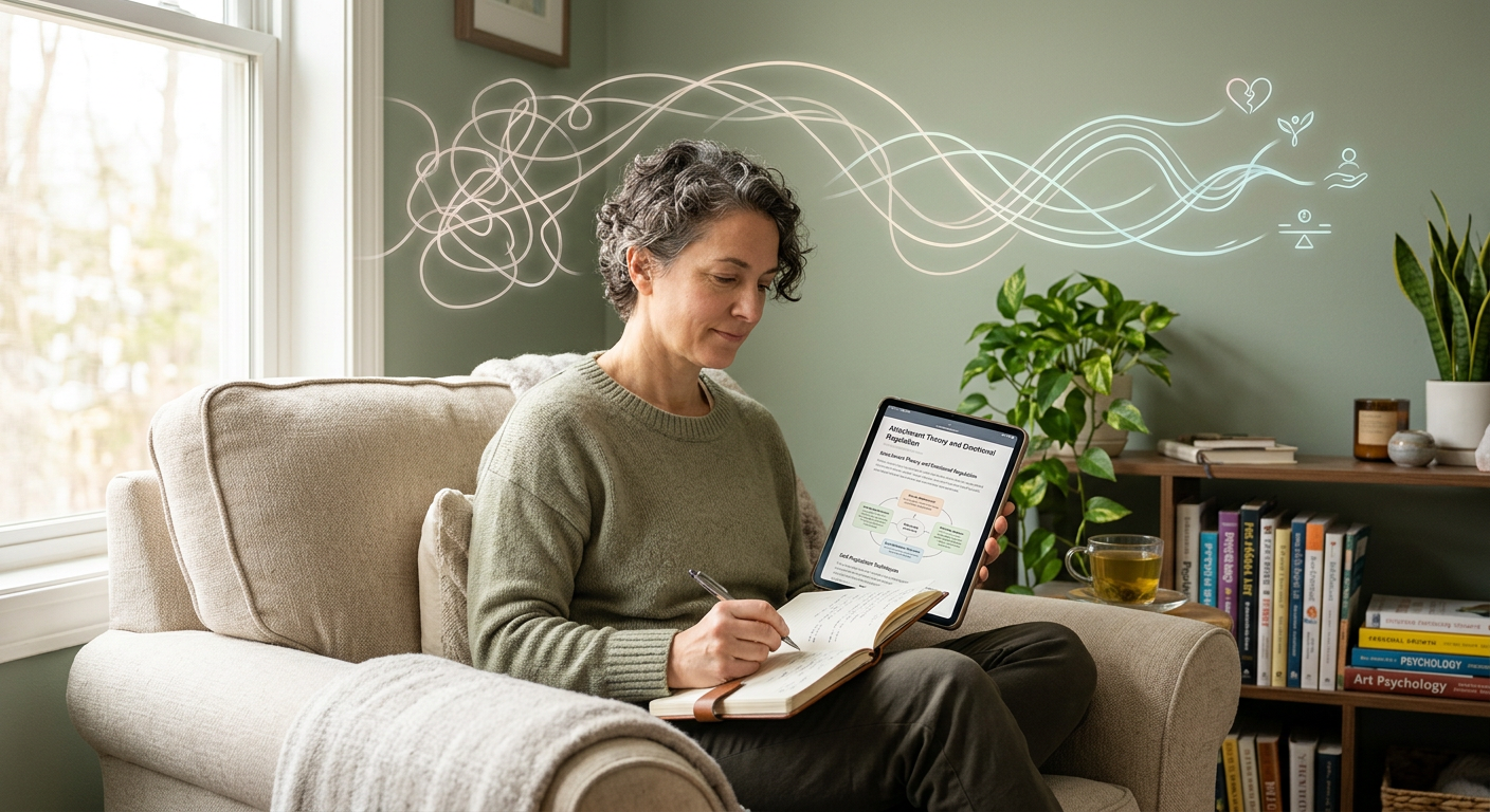 Pessoa madura engajada em autoestudo, escrevendo em um diário e usando um tablet com conteúdo de psicologia, simbolizando a reprogramação de apego e crescimento emocional.