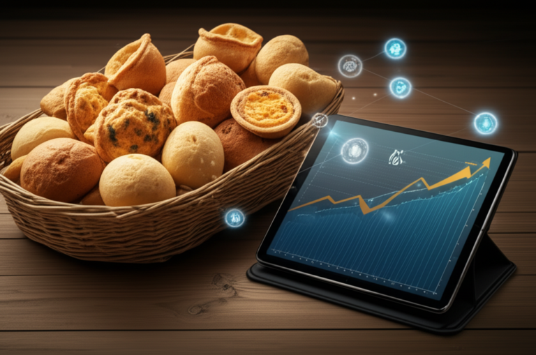 Salgados de forno variados com tablet mostrando gráficos de lucro e elementos de IA para otimização de negócios.