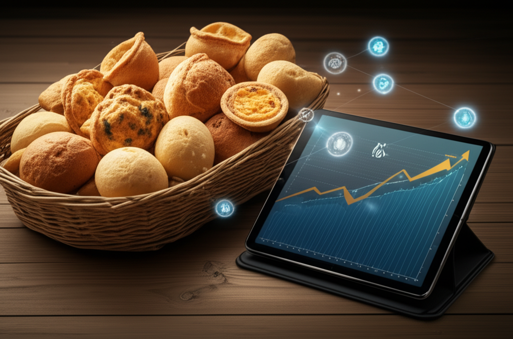 Salgados de forno variados com tablet mostrando gráficos de lucro e elementos de IA para otimização de negócios.