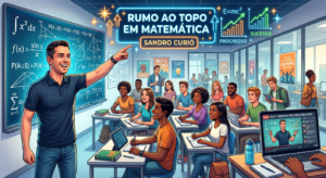 Sandro Curió ensinando matemática para alunos em frente a um quadro digital com fórmulas e gráficos, simulando uma aula preparatória para ENEM, vestibulares e concursos.