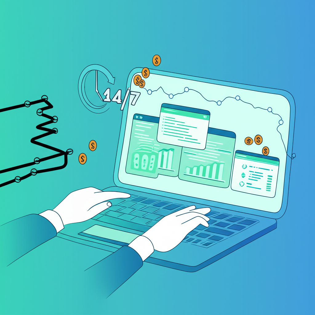 Ilustração de um laptop com interface de IA gerando planners e guias digitais, simbolizando renda automática e o método de Nati Abreu sem exposição pessoal.