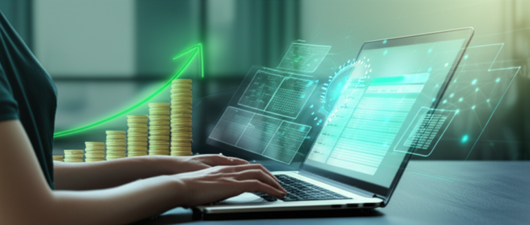 Pessoa em laptop com IA gerando produtos digitais (planners e guias) para renda automática e anônima, simbolizando o curso Segredos da Renda Automática 3.0.