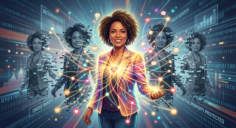 Andréa Mazeto como figura central vibrante, com rede viral orgânica, e clones digitais fracos ao redor, simbolizando proteção de marca pessoal contra pirataria e a dificuldade de copiar a autenticidade.