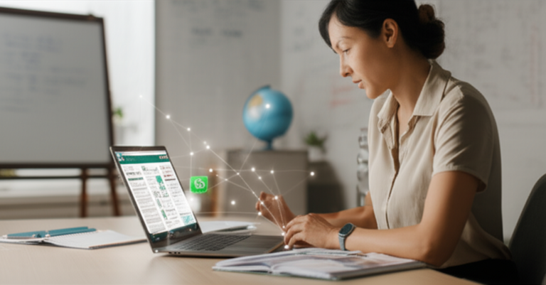 Professora sorridente usando Skooly, ferramenta de IA para educadores, gerando planos de aula e materiais didáticos, com um ícone de WhatsApp discretamente visível na tela.