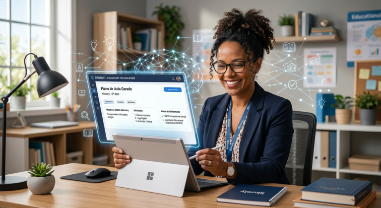 Imagem de uma professora utilizando a plataforma Skooly em um laptop, com planos de aula gerados por IA exibidos na tela, indicando conformidade com a BNCC e leis educacionais.