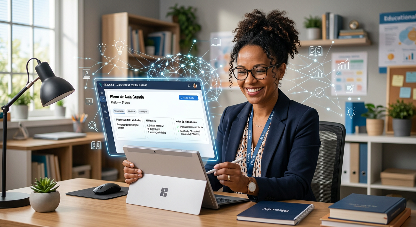 Imagem de uma professora utilizando a plataforma Skooly em um laptop, com planos de aula gerados por IA exibidos na tela, indicando conformidade com a BNCC e leis educacionais.