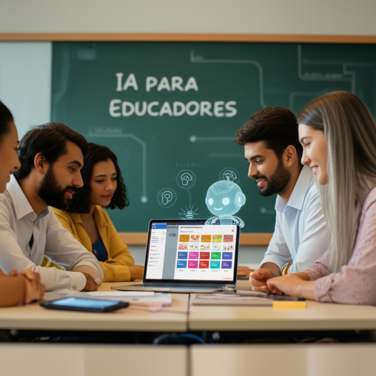 Professores usando a plataforma Skooly IA em tablets e laptops, com recursos inclusivos e alinhamento à BNCC exibidos na tela.