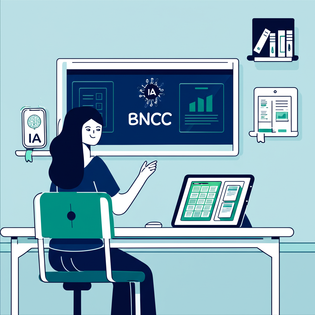 Professora usando a plataforma Skooly, ferramenta de IA que gera materiais pedagógicos, em ambiente de sala de aula digital.