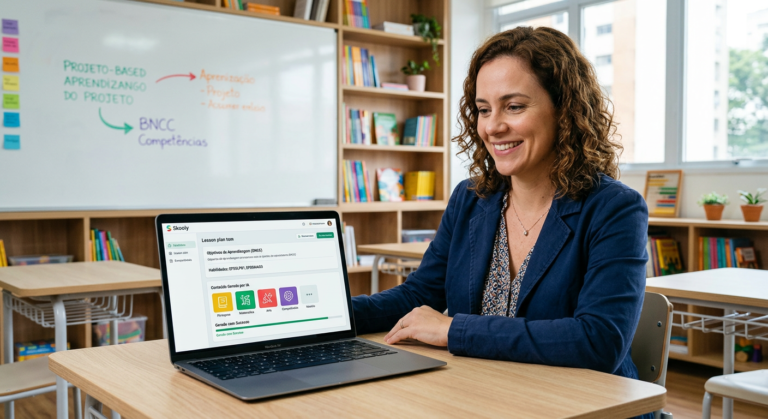 Professora brasileira usando a plataforma Skooly em seu notebook para gerar materiais pedagógicos com inteligência artificial, com um sorriso de satisfação.