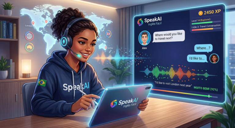 Pessoa usando SpeakAI Inglês Fácil, aplicativo de aprendizado de inglês com IA, mostrando microfone, espectrograma de voz e interface gamificada para fluência.