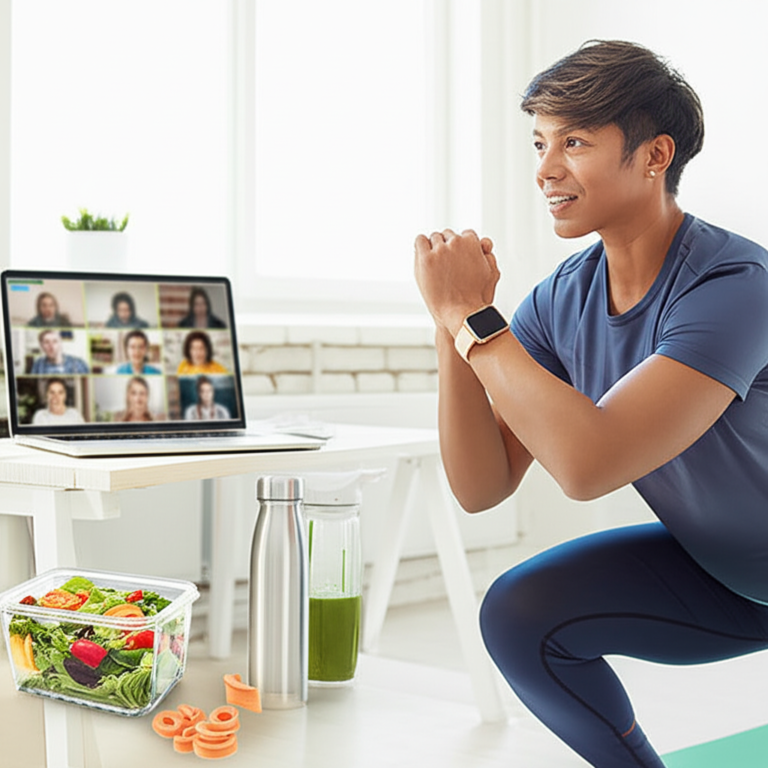 Pessoa ocupada realizando exercícios rápidos e eficientes em casa, com elementos de alimentação saudável, shake de suplemento e apoio de coach online, ilustrando a transformação corporal STC para quem tem pouco tempo.