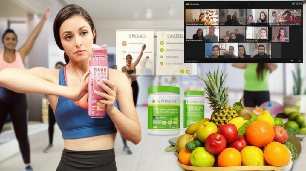 Grupo diversificado de pessoas em um programa de transformação corporal STC, com coaches, shakes, suplementos e atividades físicas, destacando o suporte social e os desafios da dependência.