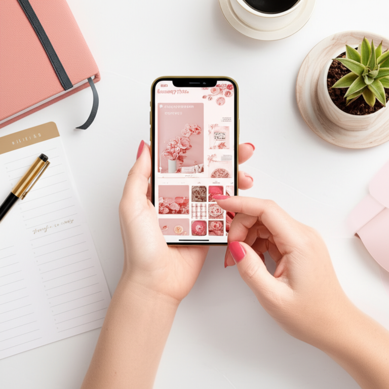 Mulher editando um Instagram Story no smartphone, usando adesivos femininos e elementos de design profissionais do StoriesPerfeitos para criar um visual atraente e atualizado.
