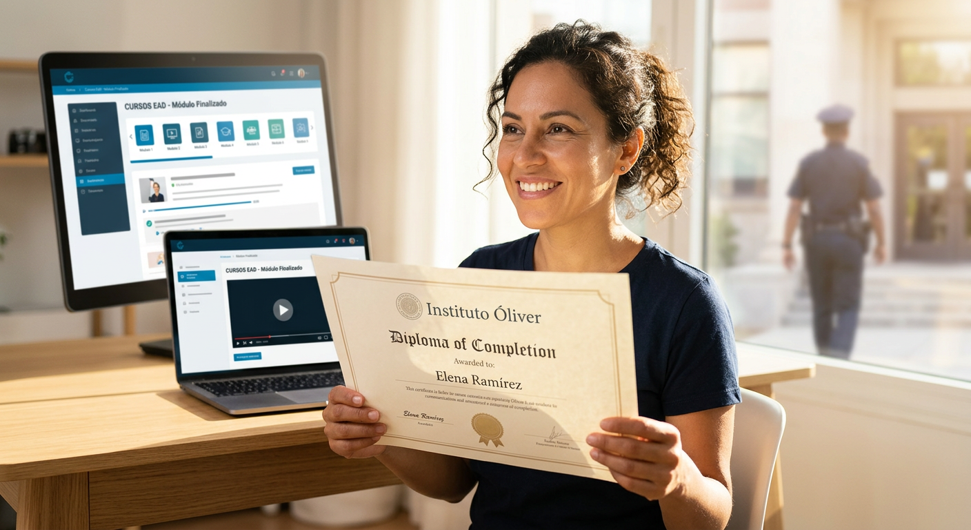 Adulto feliz exibindo diploma do EJA Supletivo Instituto Óliver, com elementos de estudo online e carreiras policiais/universidade ao fundo.