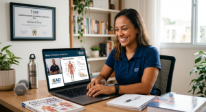 Estudante sorridente cursando Bacharelado em Educação Física EAD em notebook, com elementos de fitness e diploma ao fundo.