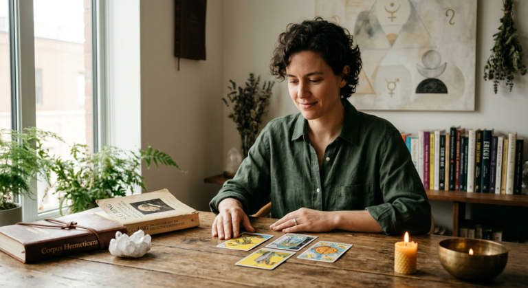 Uma pessoa reflexiva lendo cartas de Tarot clássicas (Rider Waite ou Marselha) em uma mesa com elementos de psicologia analítica e simbolismo hermético, representando a profundidade e a abordagem terapêutica do método 'Tarot Profundo' de Rogério Temporim.