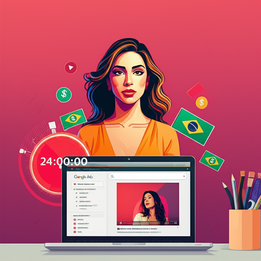 Tela de laptop exibindo campanha de Display Ads no Google, com cronômetro de 24h, vídeo do YouTube e ícones de dinheiro, representando o Método Display Ads de Gabi Carneiro